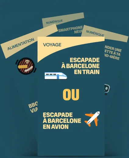 Visuel représentant une comparaison entre un trajet à Barcelone en train ou en avion